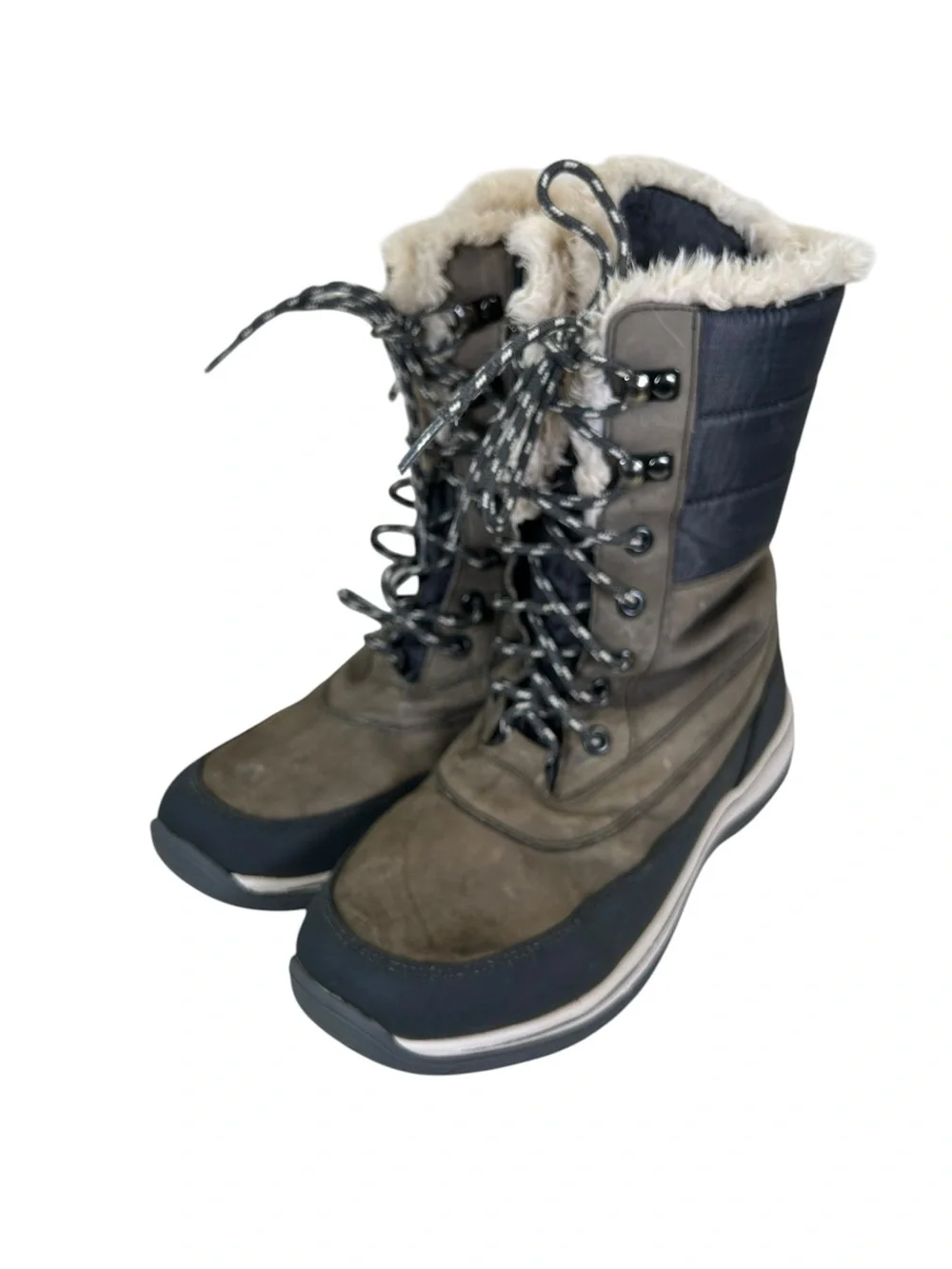 Lands’ End Women’s 10 Tall Insulated Snow Boots Taupe Gray Faux Fur Lace Up